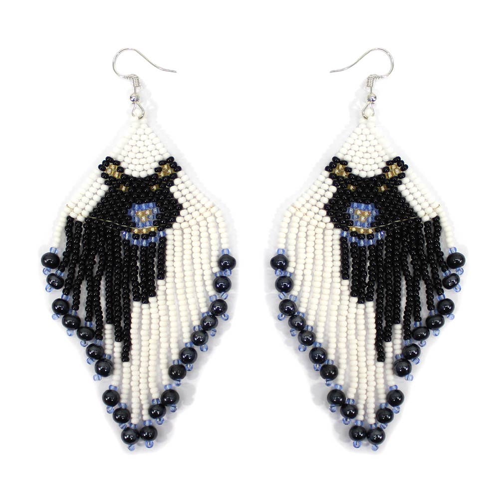 1 1/2" Drop Style Black White Color Stone Chip Handmade Dangle Seed Bead Earring 1 1/2" Drop Style Black White Color Stone Chip Handmade Dangle Seed Bead Earring